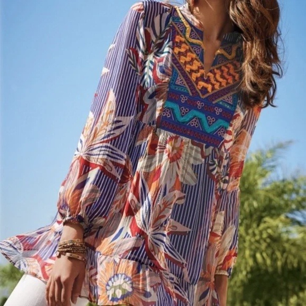 Soft Surroundings Women's Tory Tunic Sheer Floral Stripe Embroidered Blue Top XS